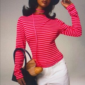 Striped Long-Sleeve Pink Ribbed Top
